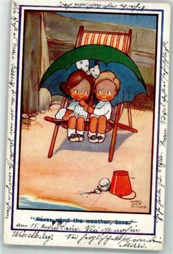1915 Verlag Carlton London Serie 669 Kinder am Strand Liegestuhl Regenschirm Kinderpoesie