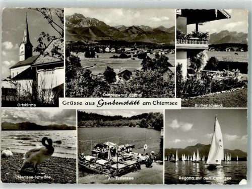 Grabenstätt Ortskirche Kampenwand Schwäne Tüttensee Regatta auf dem Chiemsee Fotograf Müller