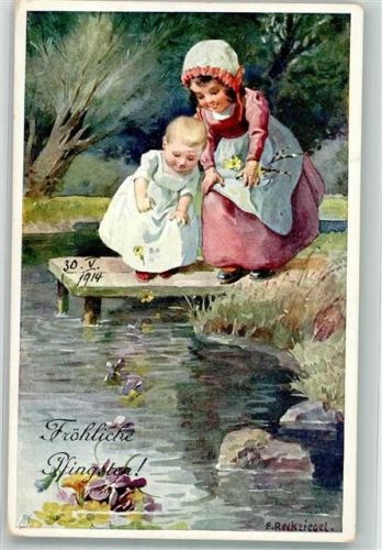 Kinderspiele Blüten in das Wasser werfen Pfingsten Verlag B.K.W.I. 4666-6 Reckziegel, E 1914 Künstlerkarte