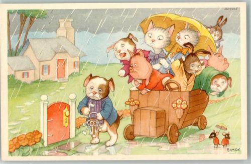 Hunde Katzen Schwein Hase Mäuse sign. Simon Künstlerkarte Tier, vermenschlicht Gebrauchsspuren