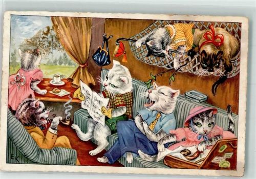 sign. E.K. Hund Katze Eisenbahn Pfeife Tiere vermenschlicht