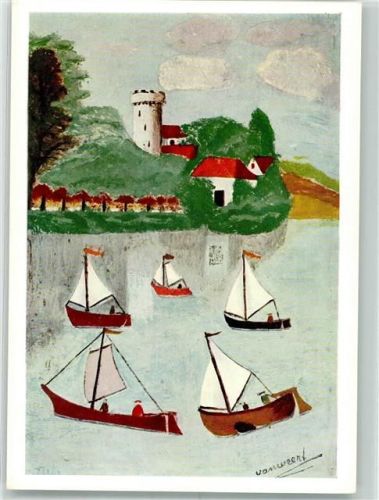 sign. van Weert, Jan Juli Segelboote auf einem See vor einem Turm Serie Monatsbilder Nr. 66 Woldemar Klein Verlag