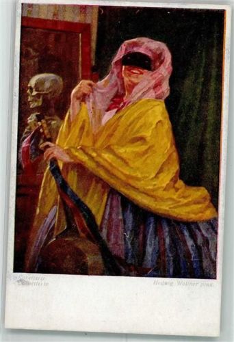 sign. Wollner, Hedwig Lebenslustige junge Frau mit Laute und Kostüm während im Hintergrund schon der Tod wartet B.K.W.I. Nr. 2057