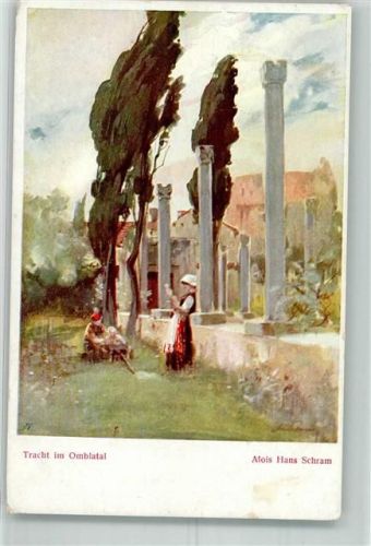 Ragusa sign. Schram, Alois Hans Frau in Tracht aus dem Omblatal vor römischen Ruinen Verlag des Österreichischen Flottenvereins Serie IV Nr. 3