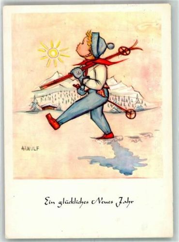 sign. Arnulf Neujahr Mundgemalt Mit Skiern der Sonne entgegen Dennoch-Künstlerkarte Nr. 161