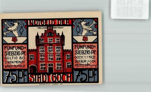Goch 1922 75 Pfennig Haus zu den Fünf Ringen