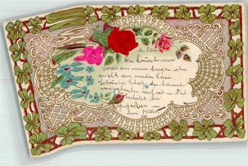 Scan verzogen mit Echstoffaplikation Jugendstil Rosen Vergissmeinnicht