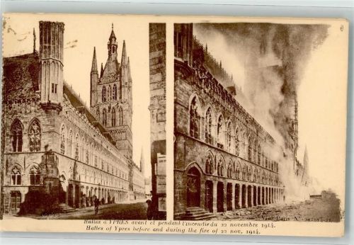 Ypres 1914 Tuchhallen vor und nach der Bombardierung