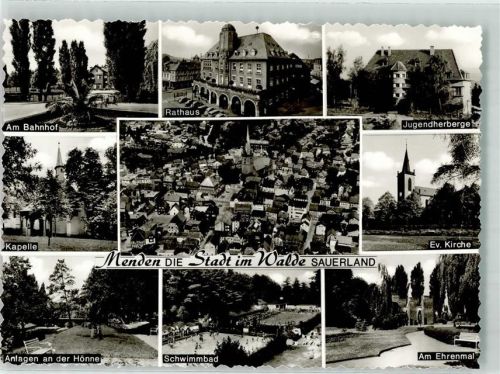 Menden Rathaus Ev. Kirche Schwimmbad Denkmal ehrenmal Fliegeraufnahme