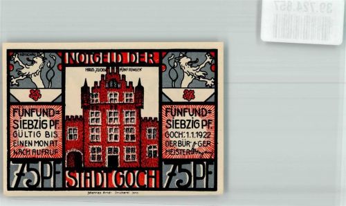 Goch 1922 75 Pfennig Haus zu den Fünf Ringen