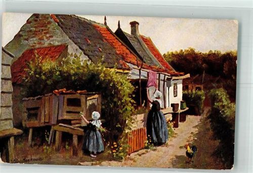 1907 Kleines Bauerngehöft in den Niederlanden Tracht Wäsche aufhängen