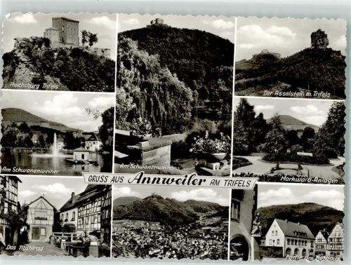 76855 W6747 Annweiler am Trifels Foto AK Burg Tirifels Mühlrad Rathaus