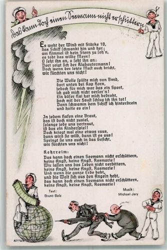 1940 sign. Böttger Text des Liedes Das kann doch einen Seemann nicht erschüttern von Balz / Jary Matrosen mit Ziehharmonika in weißen Uniformen
