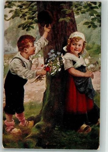 1918 Kinderpoesie Blumen für das Mädchen Tracht Holzschuhe sign. Hans W. Schmidt