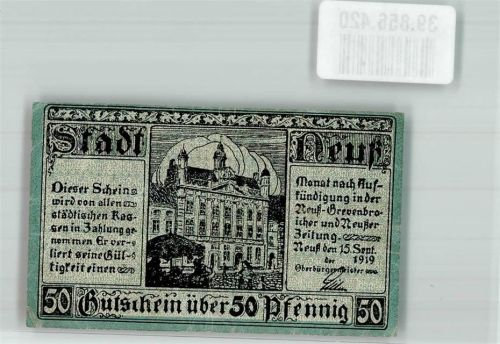 Neuss 1919 Gutschein über 50 Pfennig Rathaus