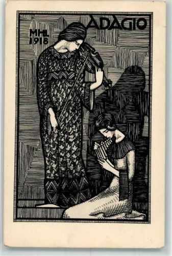 1918 sign. Hertz-Lücker Adagio Zwei Frauen mit Geige und Panflöte Verlag Hermann A. Wiechmann 4179 Künstlerkarte