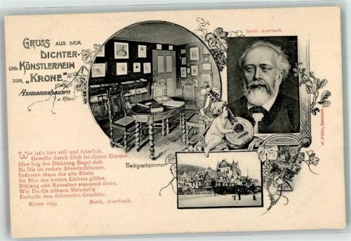 Assmannshausen 1906 Gasthaus Dichter- und Künstlerheim Zur Krone Freiligrathzimmer Portrait von Berth. Auerbach Engel Laute Verlag Fülle