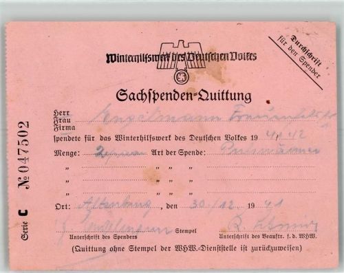 Altenburg 1941 Sachspenden-Quittung für das WHW Ort handschriftlich