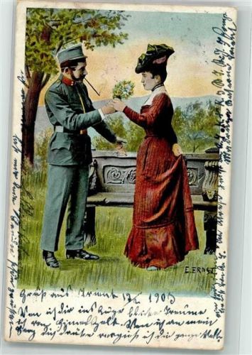 1903 sign. Ernst Österreichischer Soldat bittet eine Frau auf der Parkbank Platz zu nehmen