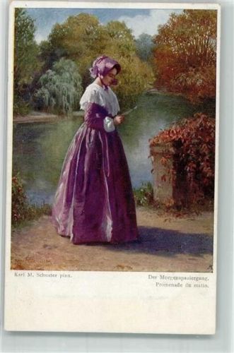Moderne Kunst K 503-2 sign. M. Schuster : Morgenspaziergang Biedermeier Frau beim Lesen