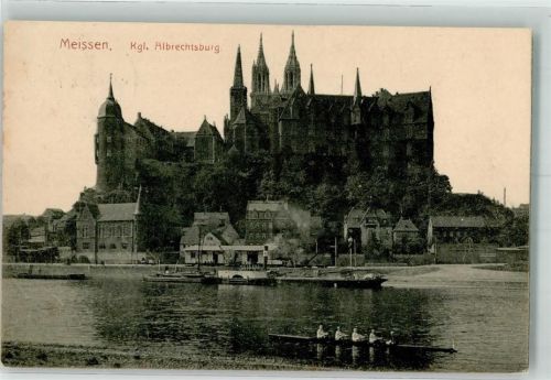 Meißen 1908 Albrechtsburg Dom Vierer-Ruderboot mit Steuermann