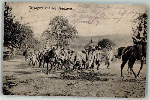 1916 Französische Gefangene unter Bewachung von berittenen deutschen Ulanen in den Argonnen Feldpost WK I 33. Inf.-Div.