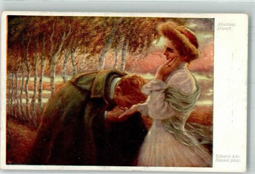 sign. Dussek, Eduard Mann küsst zum Abschied die Hand einer Frau Verlag Wiener Kunst B.K.W.I. Nr. 1189