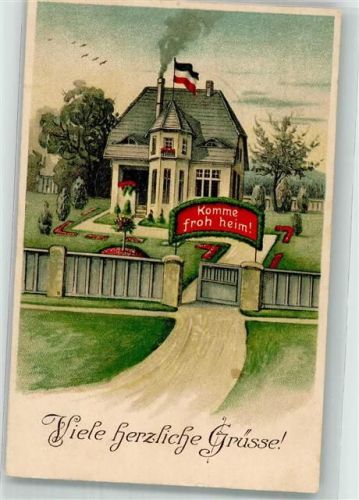 1916 Mit Schwarz-Weiß-Roter Fahne geschmücktes Haus und dem Spruch Komm froh heim! HWB 987 Feldpost Olfing