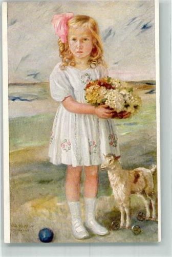 sign. Rickelt Das Mädchen Evchen mit Blumen und einer Spielzeugziege auf Rollen Eulen-Verlag No. 1119