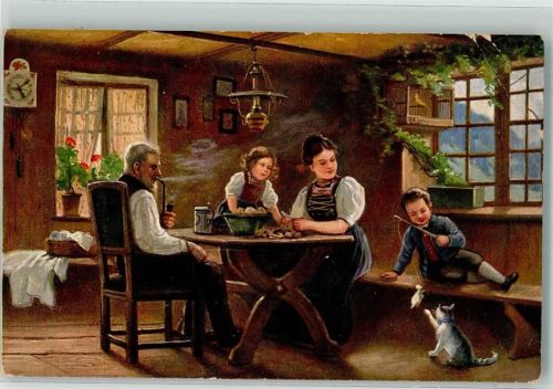 1919 Bauernstube Kartoffeln schälen , Katze Pfeife Familienleben
