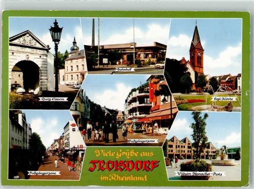 53840 W5210 Troisdorf Foto AK Burg wissem Bahnhof Ev. Kirche Geschäft Fußgängerzone W.-Hamacher-Platz