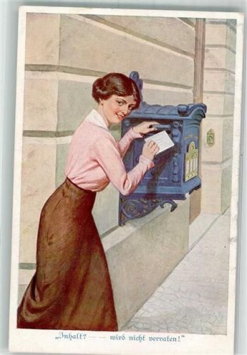 Frau Briefkasten Brief einstecken Inhalt?? Serie Sonnenschein in ernster Zeit Bild 1 WK I Künstler Caes Karte