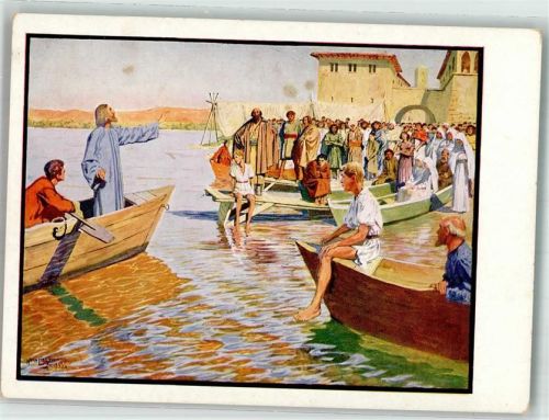 sign. Lietzmann Hans Die frohe Botschaft Jesus Predigt am See Ruderboote Frauen Bild 6