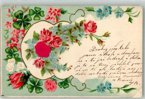 1906 mit Echtstoffaplikation Maiglöckchen Rosen Vergissmeinnicht