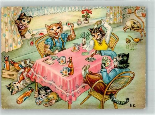 Katzen Bierkrug Skat Zigarre sign. E.K.
