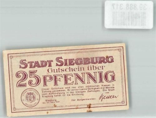 Siegburg 1921 25 Pfennig Gutschein Johannistürmchen