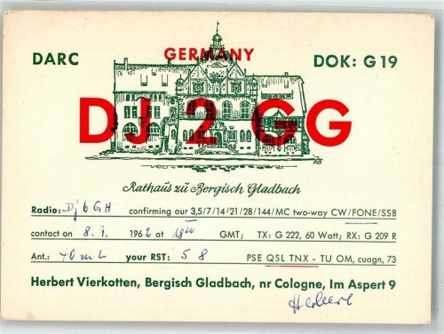 Bergisch Gladbach 1962 Amateurfunk QSL Karte DJ2GG