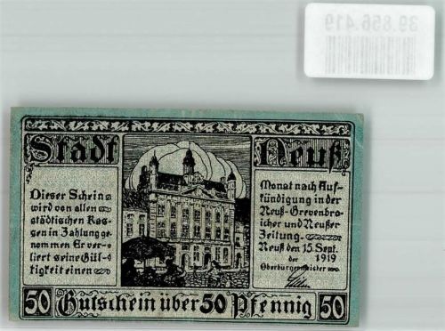 Neuss 1919 Gutschein über 50 Pfennig Rathaus
