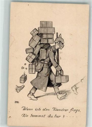 1917 sign. Wunderlich Vollbepackter schwitzender Landser Landsturm Inf.-Regt. 23