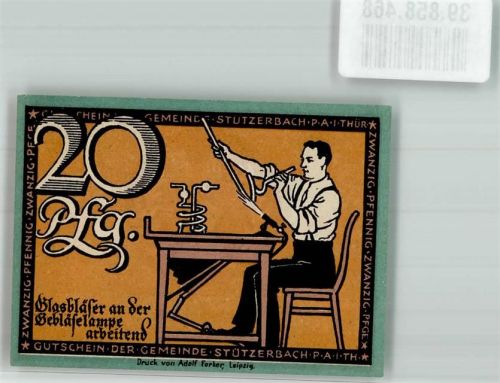 Stützerbach 1921 20 Pfennig Gutschein Glasbläser an der Gebläselampe arbeitend