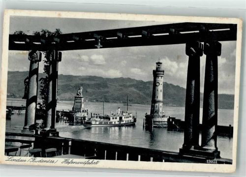 Lindau 1936 Hafenausfahrt Leuchtturm + der Bayrische Löwe