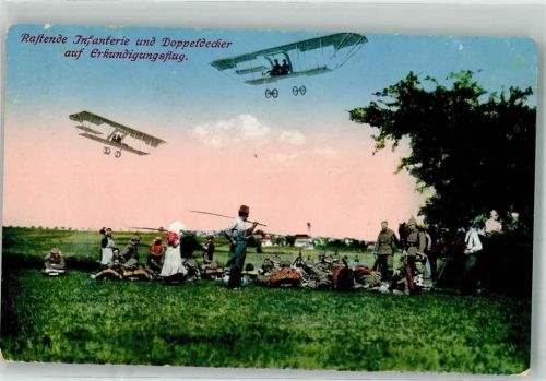 1915 Doppeldecker über rastender deutscher Infanterie Verlag Hans Wutz Nr. 823 Maschinenstempel Feldpost WK I München