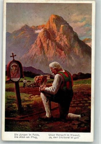 1916 Alter Mann in Tiroler Tracht betet vor einem Feldkreuz ASM No. 1464 Zensurstempel WK I