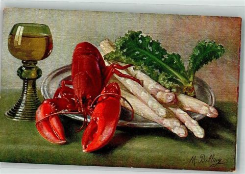 Stillleben Gemüse Hummer Weinglas Spargel Silberplatte Billing, M. 1913 Künstlerkarte
