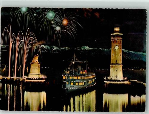 Lindau MS Allgäu Hafeneinfahrt Leuchtturm Löwe Bei Nacht Feuerwerk