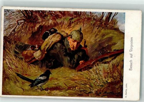 1916 sign. Bertle Landser wird auf Vorposten von einer Elster überrascht ASM Nr. 1427