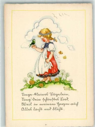 sign. Liesel Lauterbach Singe kleines Vöglein .... Liederkarte 1942 Künstlerkarte