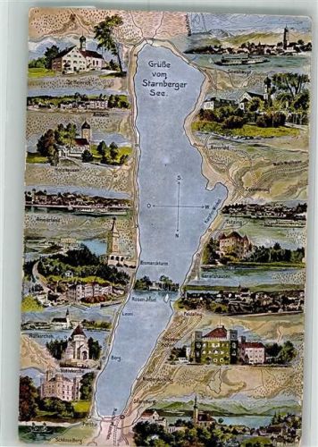 Aufkirchen Landkarte vom Starnberger See mit Anrainerorten und Sehenswürdigkeiten Verlag Lorenz Fränzl 511/10 Bordstempel Salondampfer Starnberg
