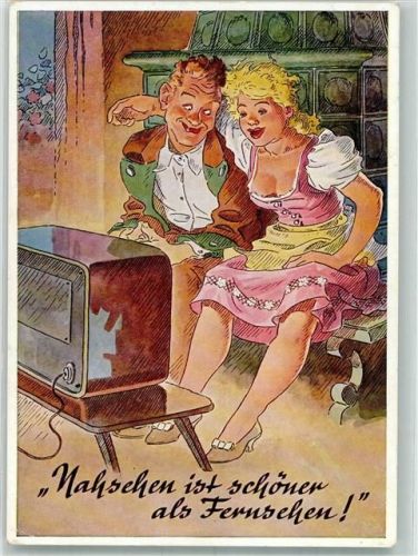 Junger Mann guckt lieber aufs Dekollete seiner Frau als ins Fernsehen Erotik Humor Künstlerkarte Verlag Lengauer Nr. 3172