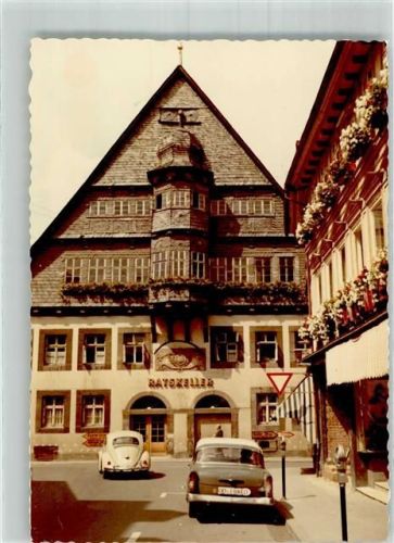 Osterode Rathaus mit Gasthaus Ratskeller VW Käfer Oldtimer Ort handschriftlich Foto Original aus Archiv eines Ansichtskartenverlags
